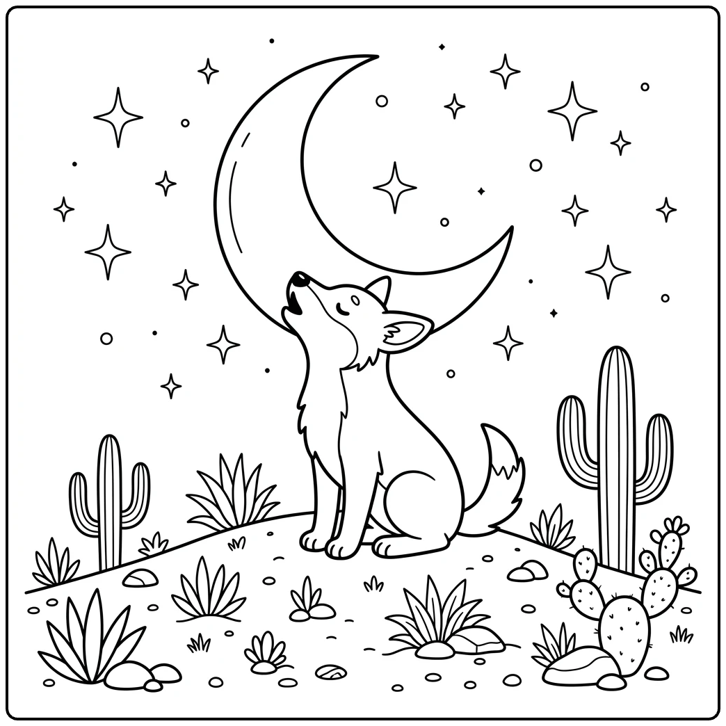 Cute dingo howling at moon, desert scene - Dingo moonlight coloring page