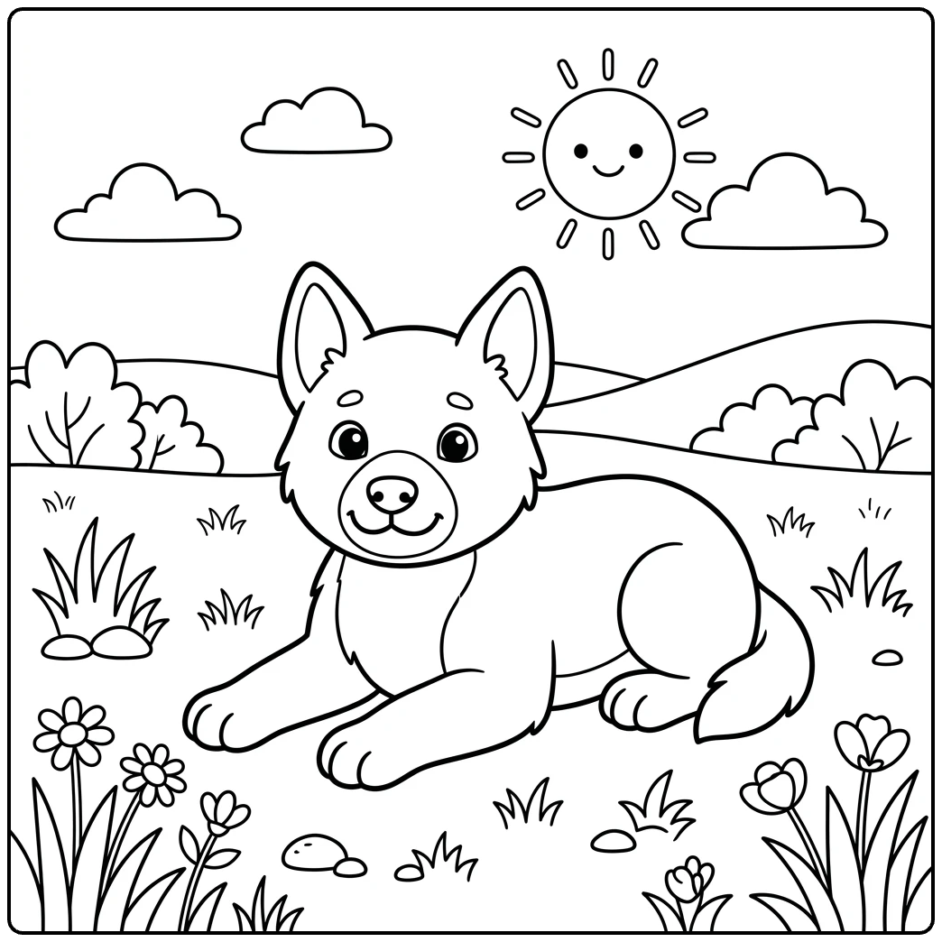 Adorable Dingo coloring page with pup napping under a simple sun.