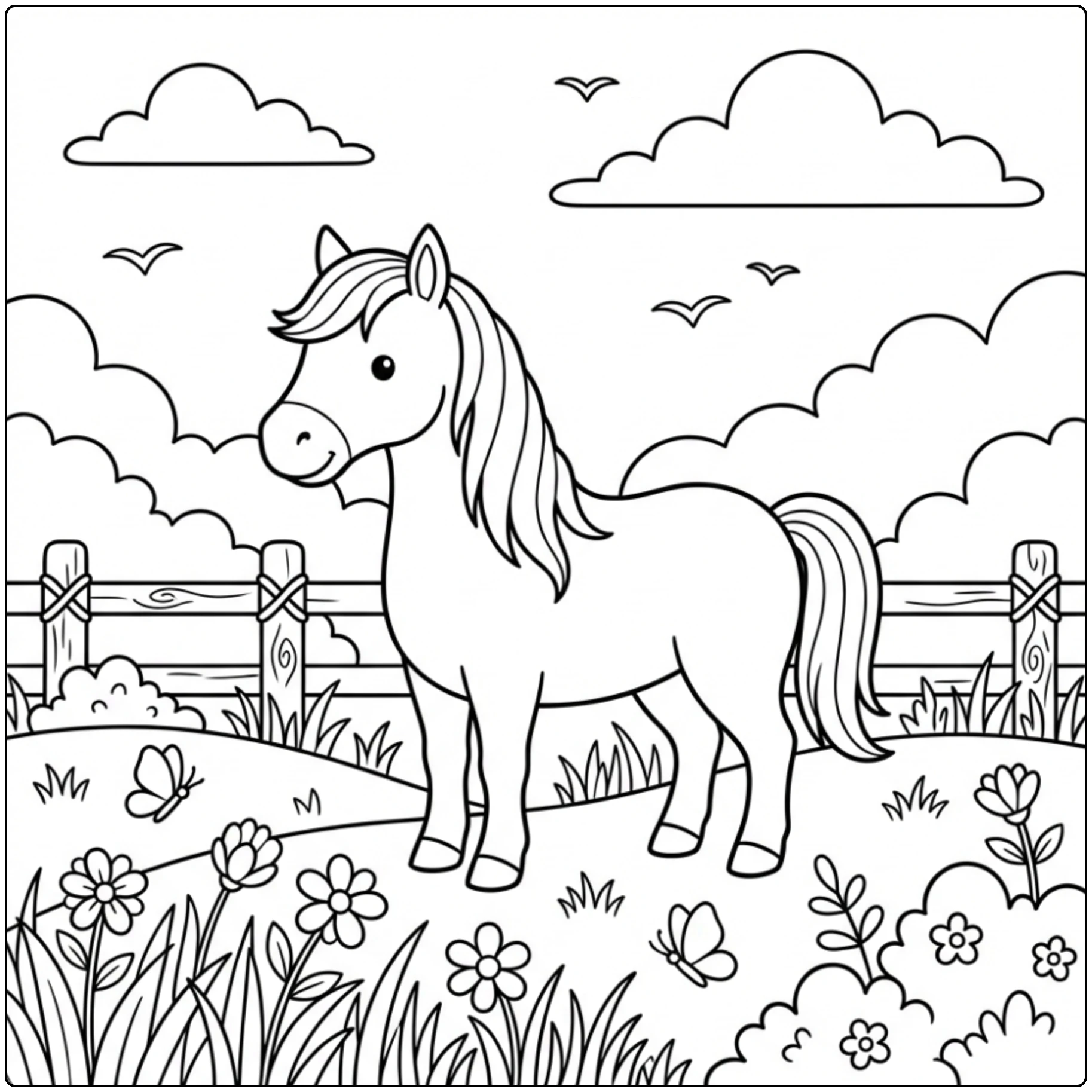 Cute horse coloring page with wooden fence and clouds.