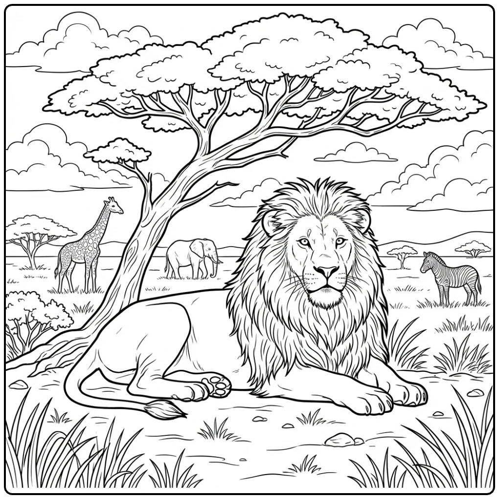 Majestic lion resting under a tree Animal coloring page.