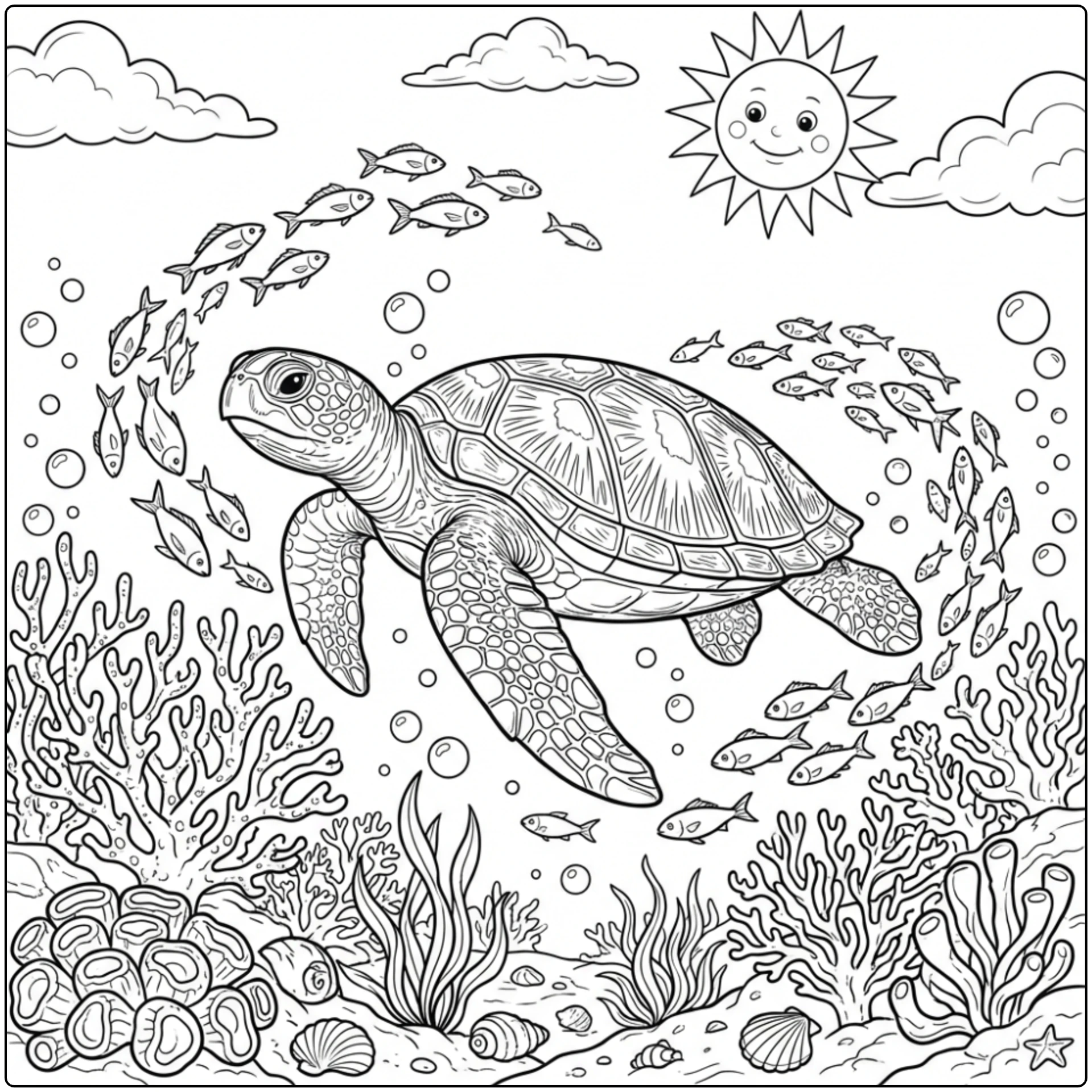 Sea turtle swimming with bubbles Animal coloring page
