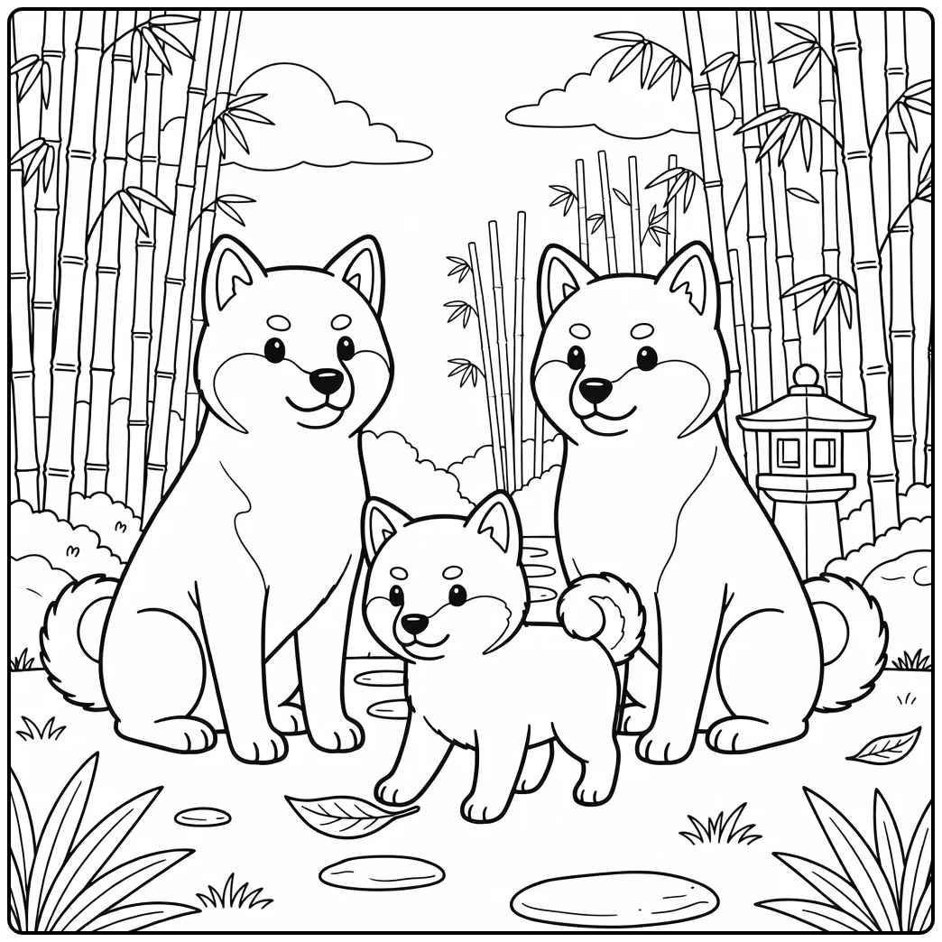 A Shiba Inu dog family coloring page in a tranquil bamboo garden.