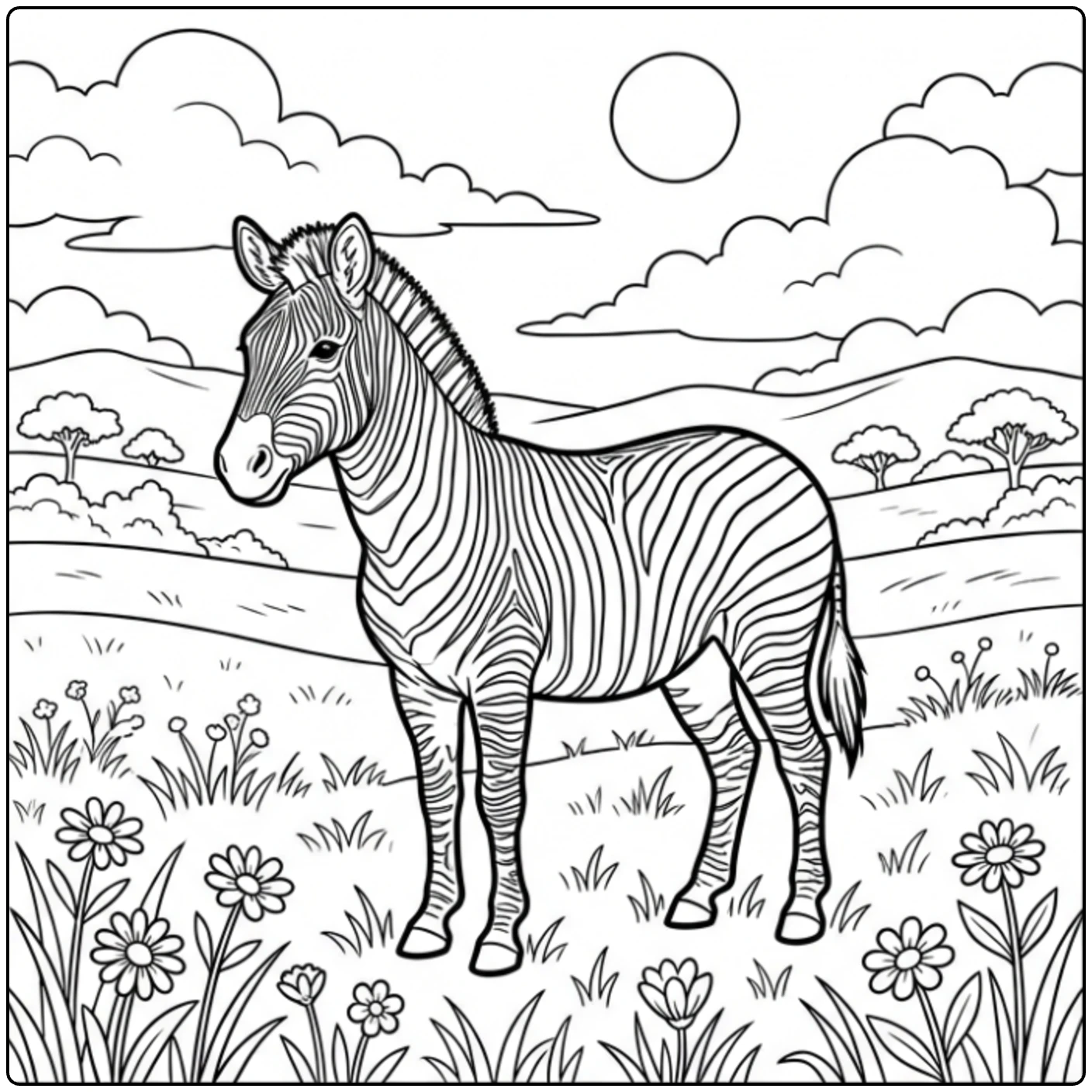 Animal coloring page of a zebra in grassy fields.