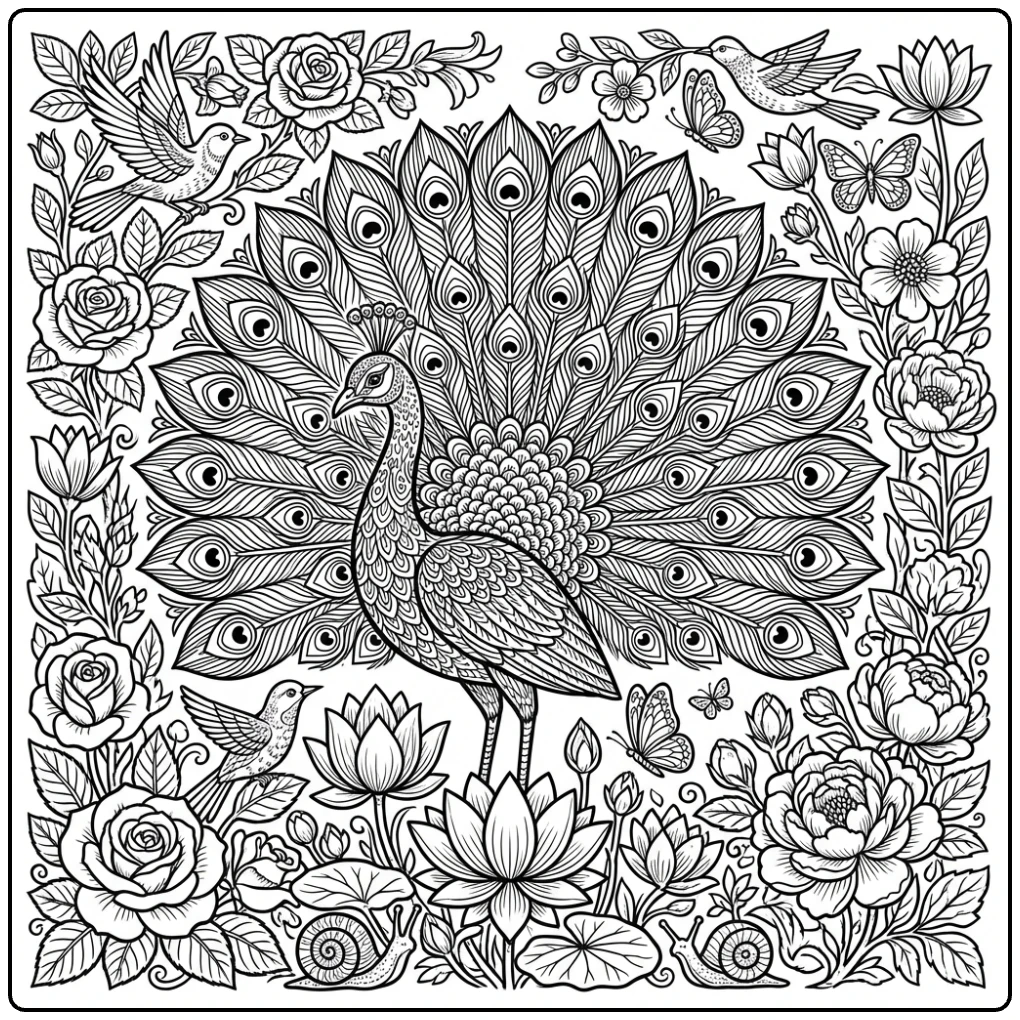 Animal coloring page of a peacock in a floral garden.