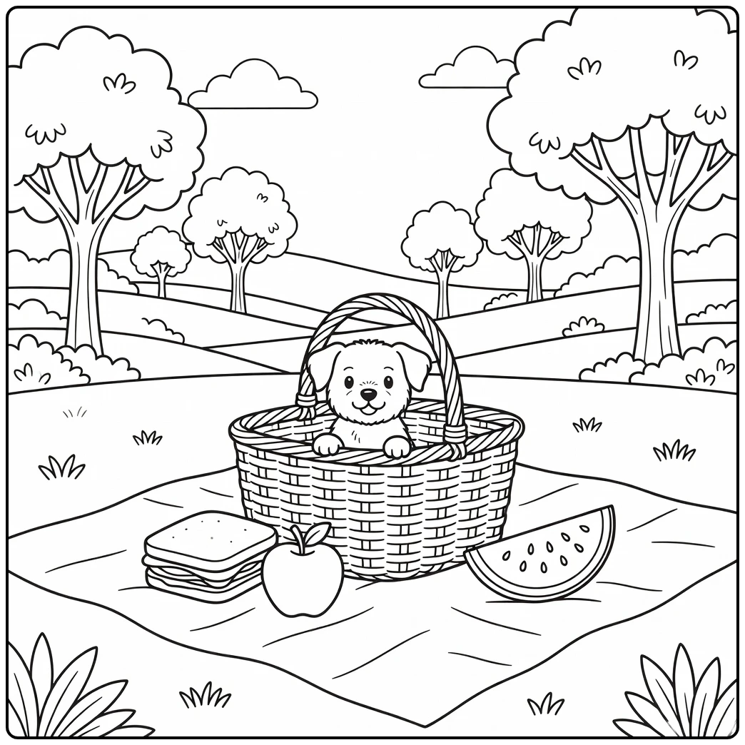 Cute small dog coloring page, peeking from a picnic basket.