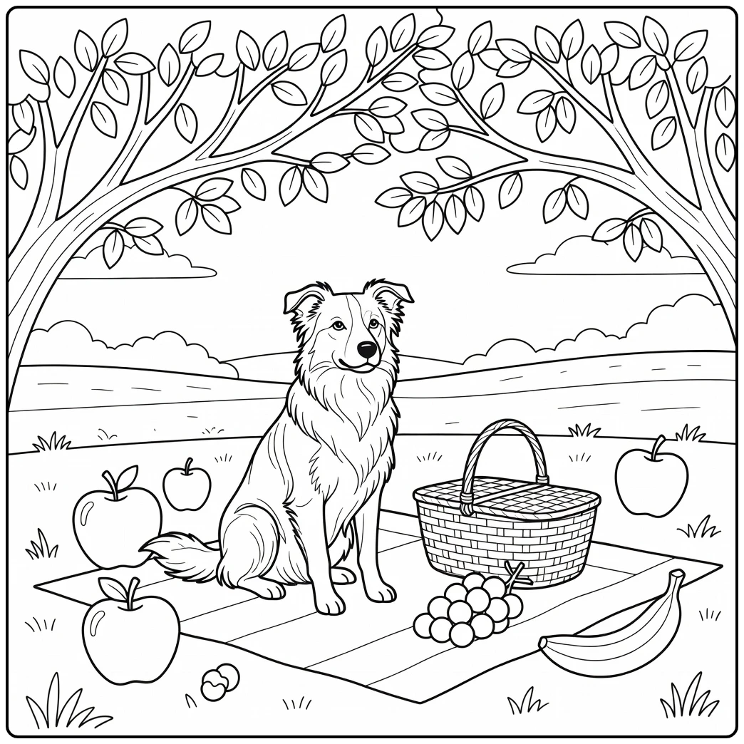 A charming border collie coloring page with a dog at a picnic.