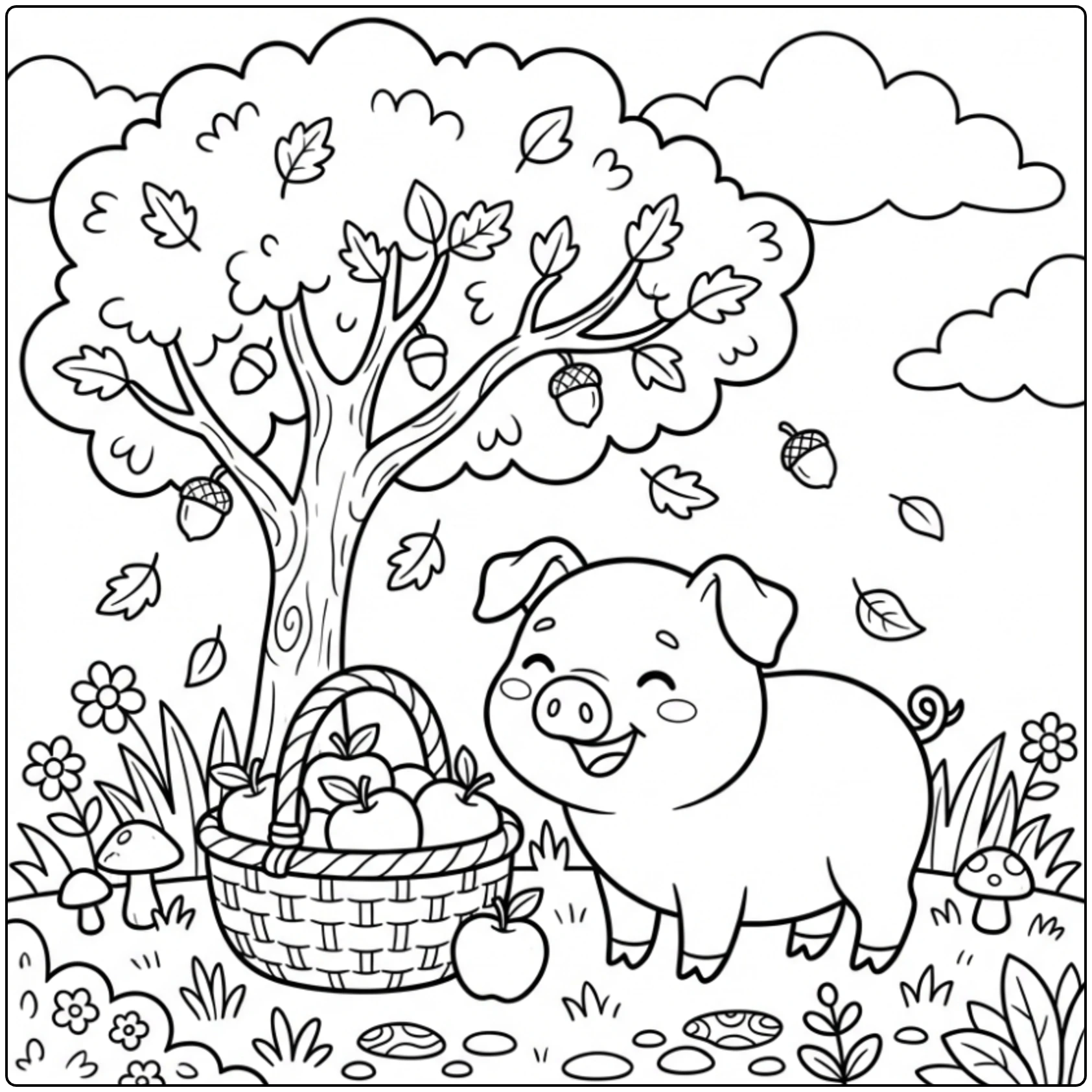 Cute Pig coloring page with apples and falling leaves