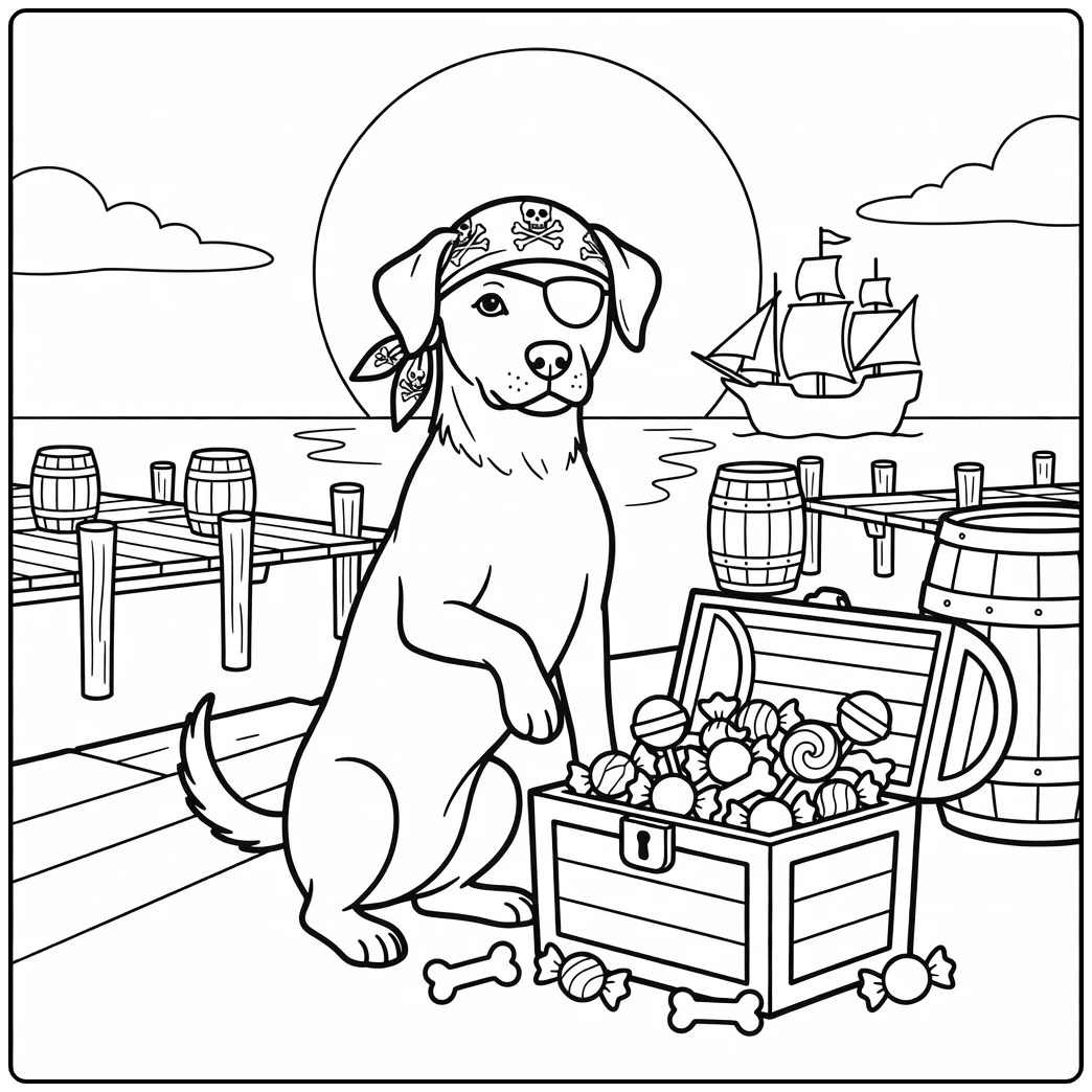 Pirate Halloween dog coloring page, candy treasure chest scene.