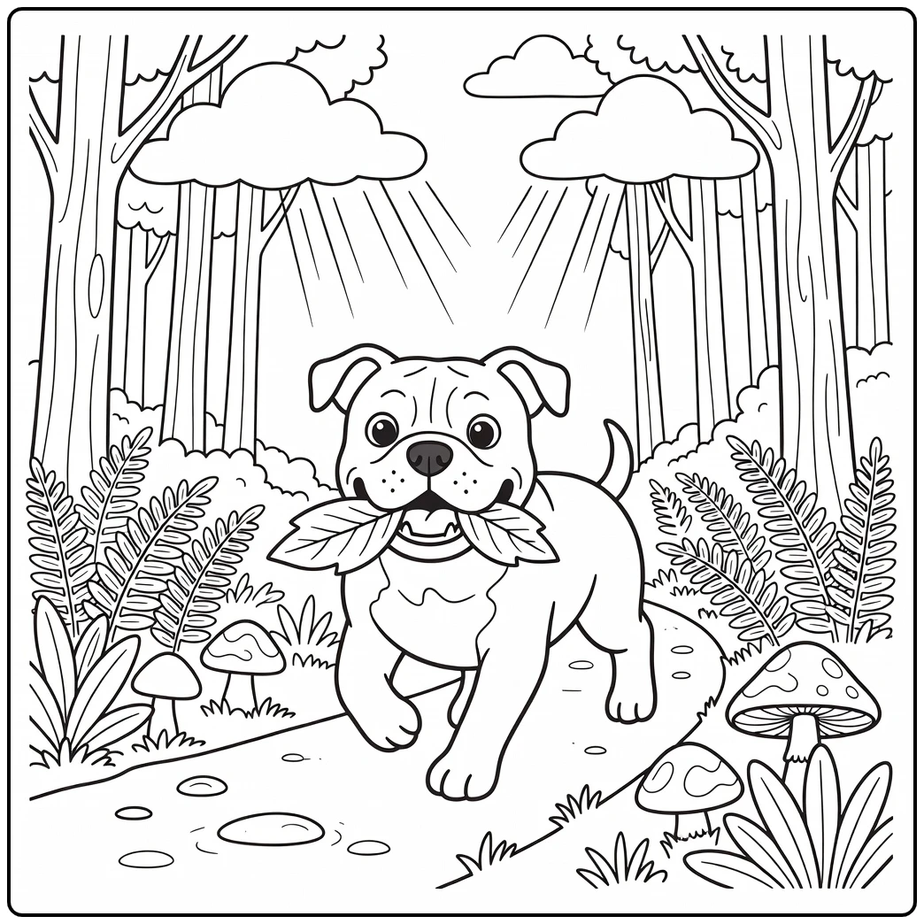 A happy american bulldog coloring page of a dog in a forest.