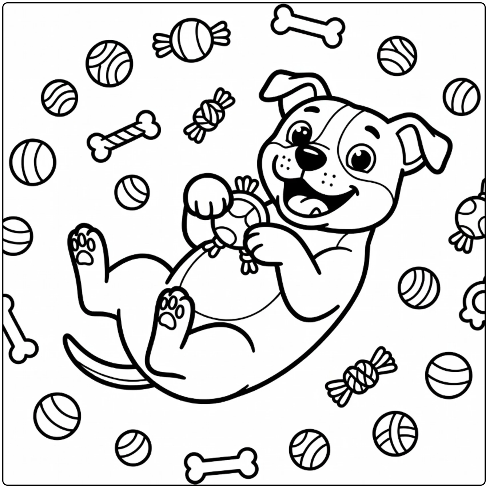 Cute American Staffordshire Terrier coloring page with toys.