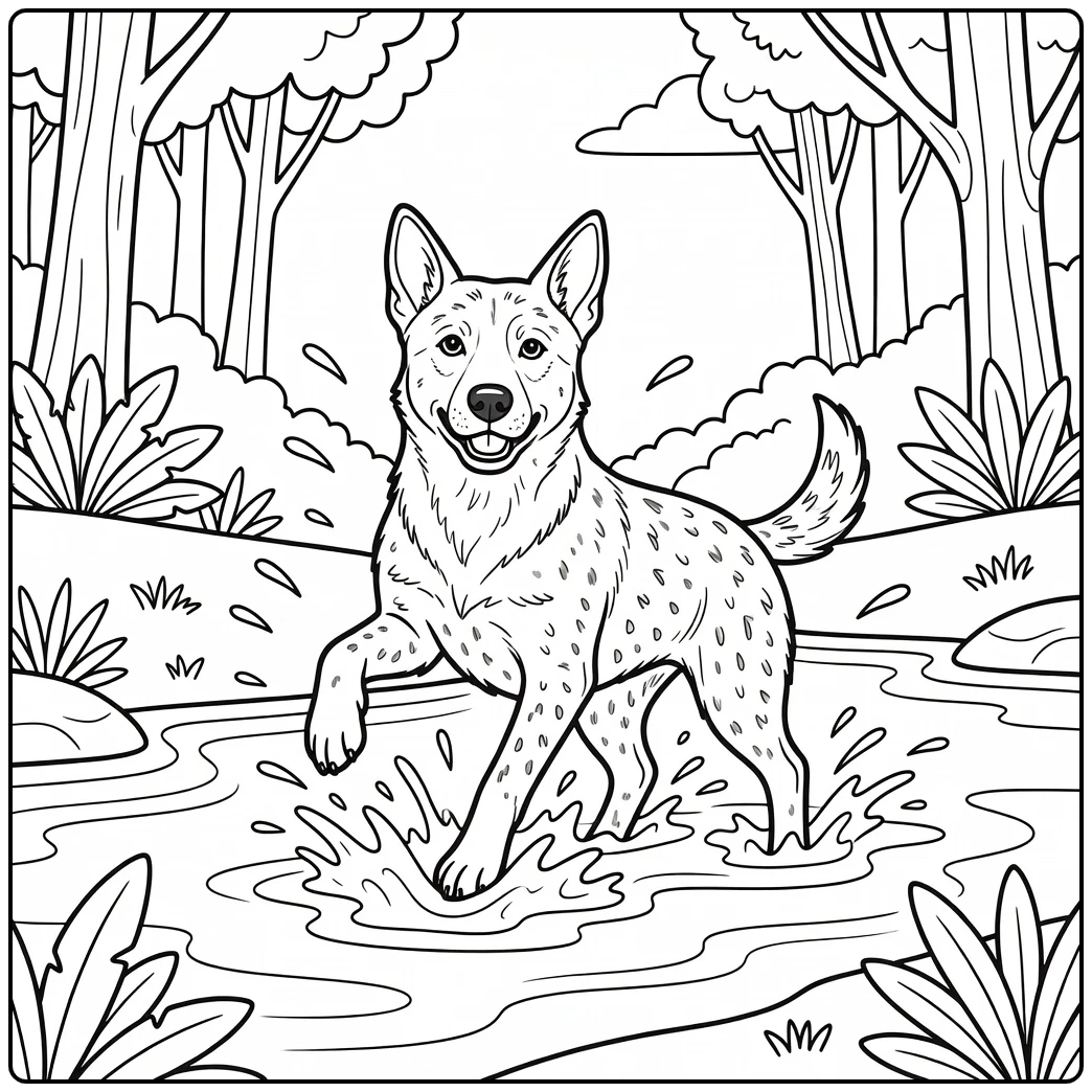 An energetic australian cattle dog coloring page in a stream.