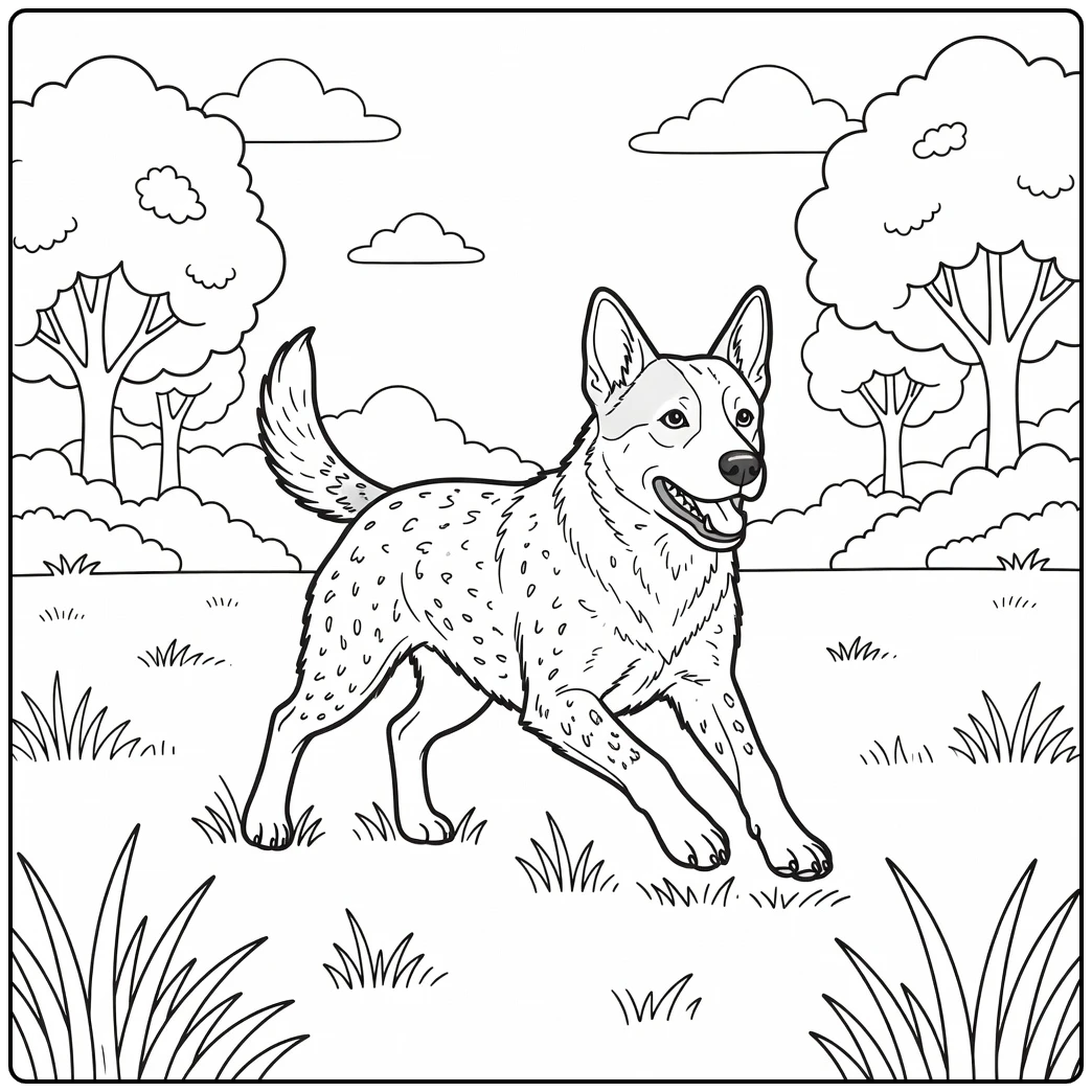 A happy dog running in a field on an australian cattle dog coloring page.