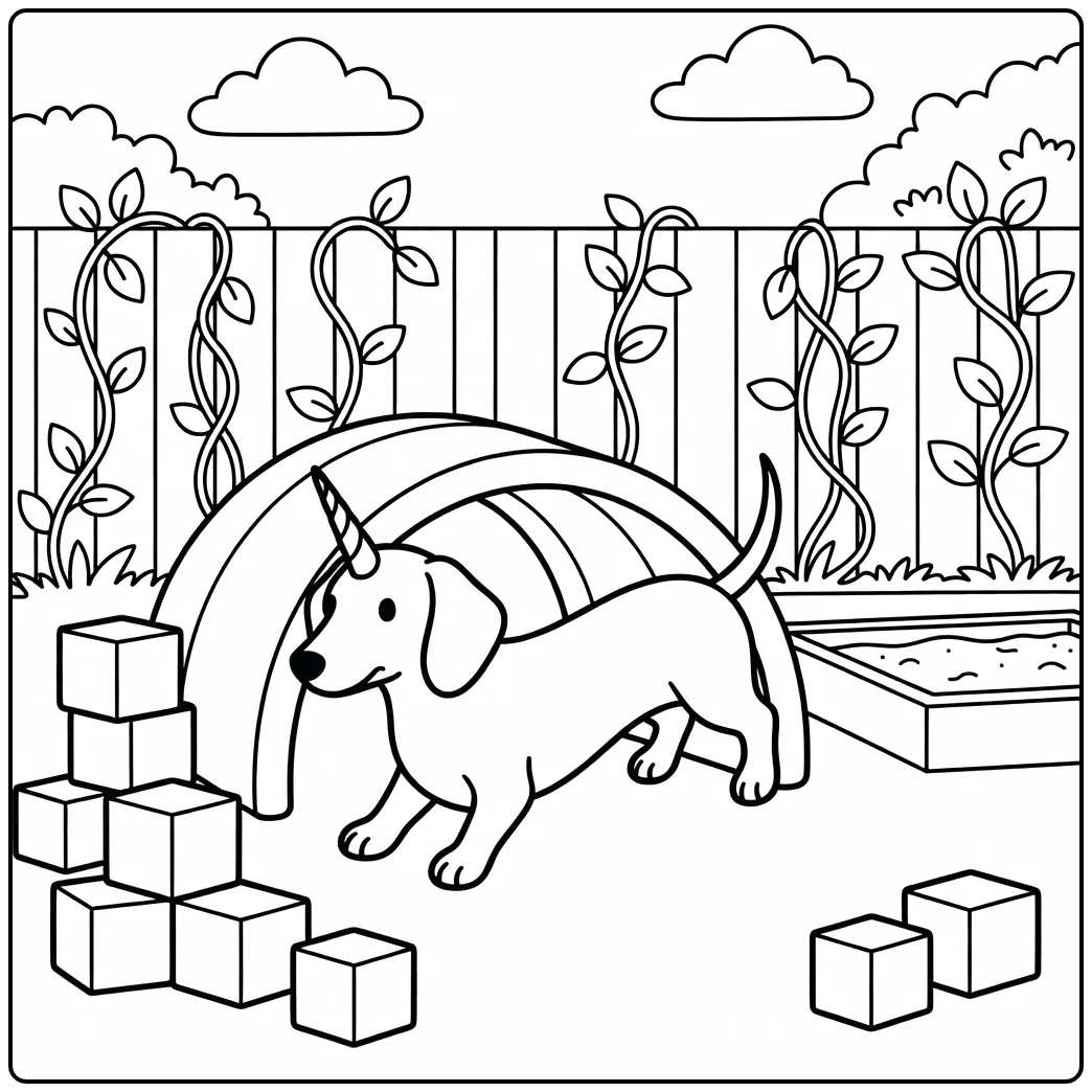 A Dachshund unicorn dog coloring page with the pup in a tunnel.