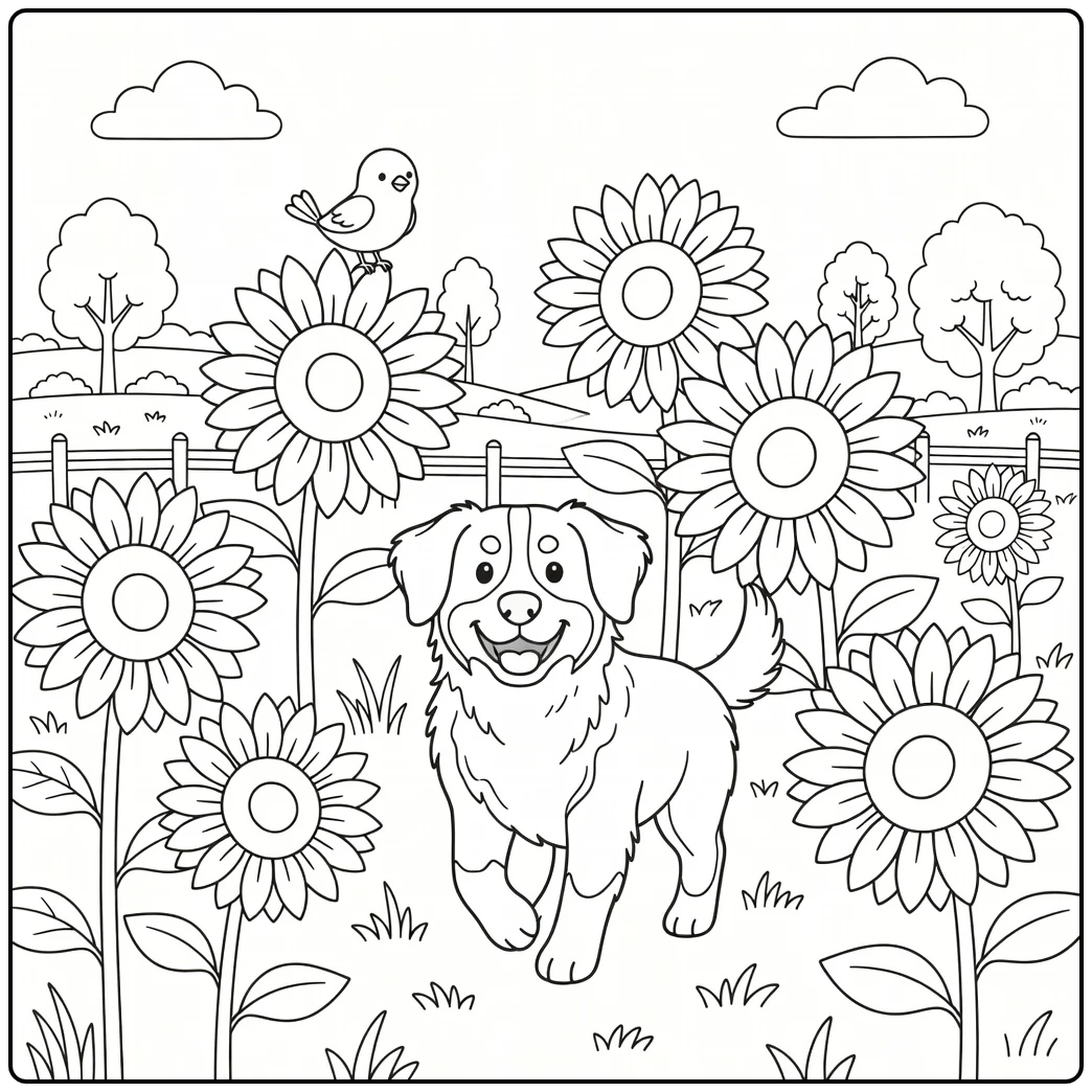 A happy bernese mountain dog coloring page in a sunflower field.