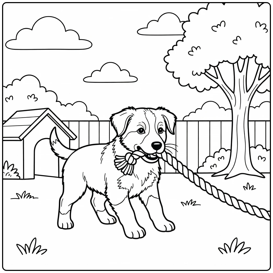 Happy border collie puppy coloring page tugging rope in yard.