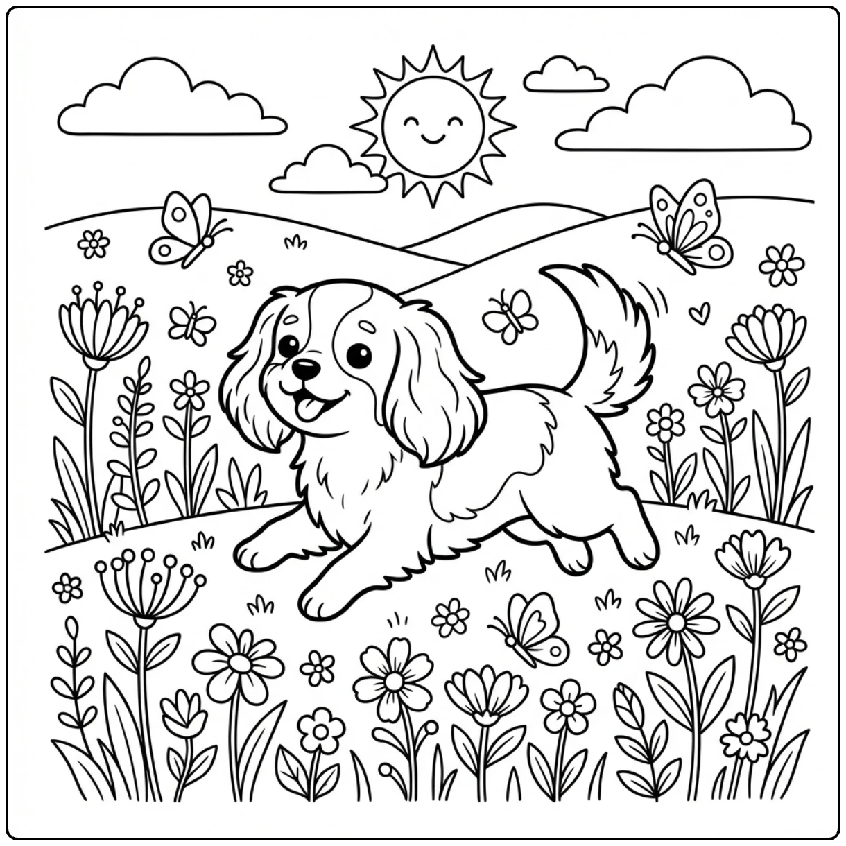 Cute Cavalier King Charles Spaniel coloring page in meadow.