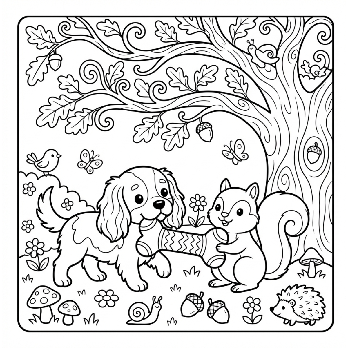 Cute Cavalier King Charles Spaniel coloring page with squirrel