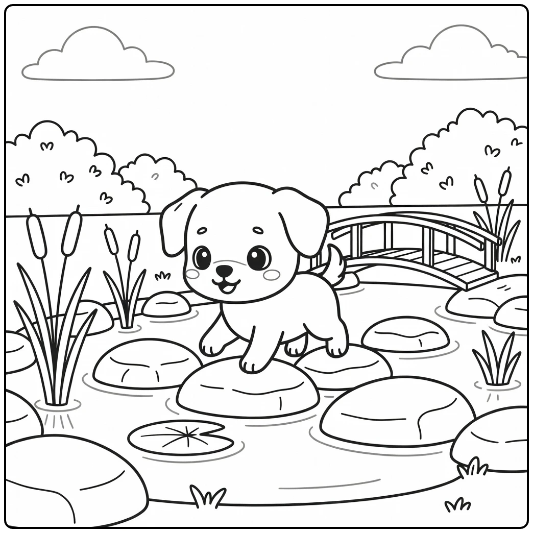 A cute chibi dog coloring page of a pup in a garden pond.
