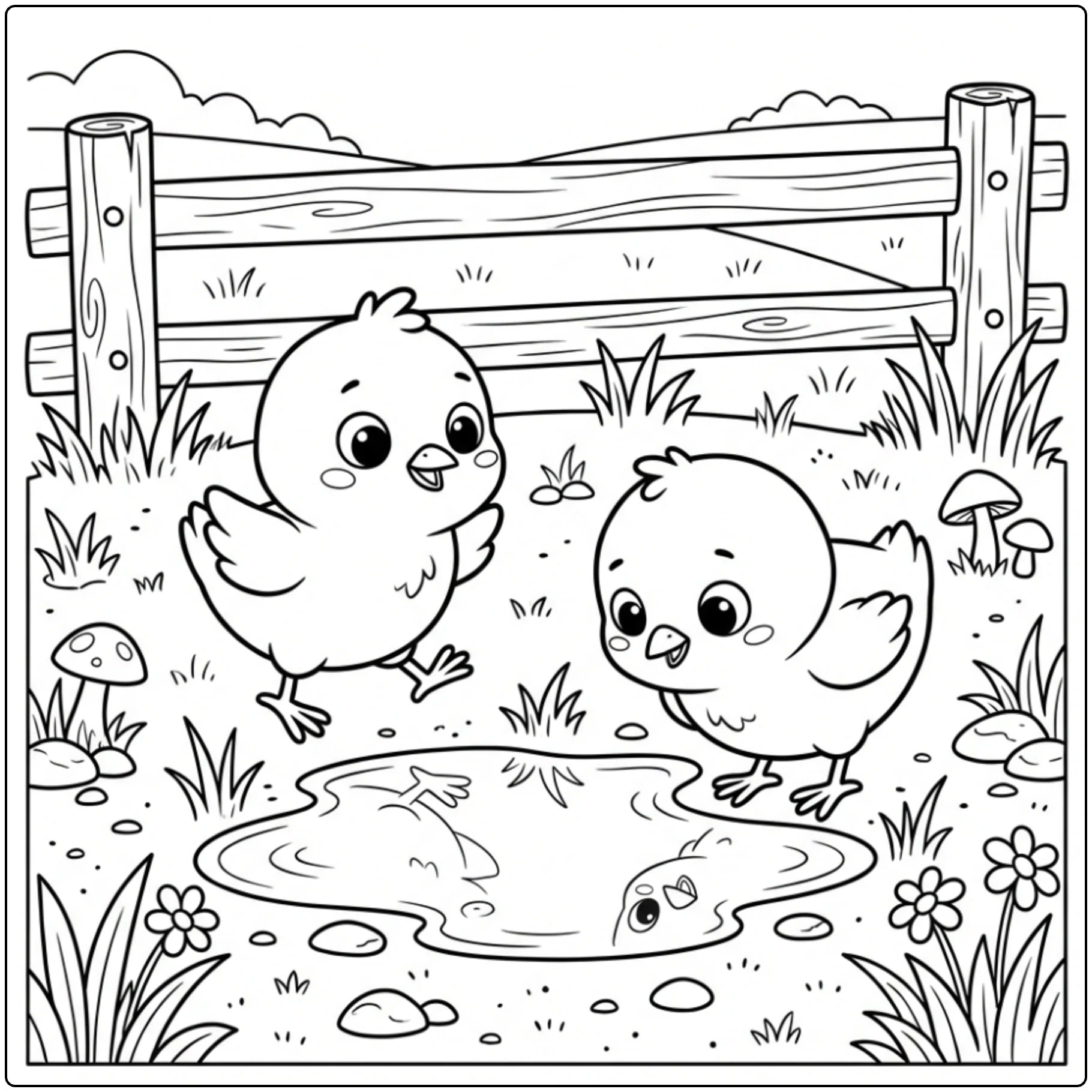 Cute Chick coloring page with two birds walking by a puddle.