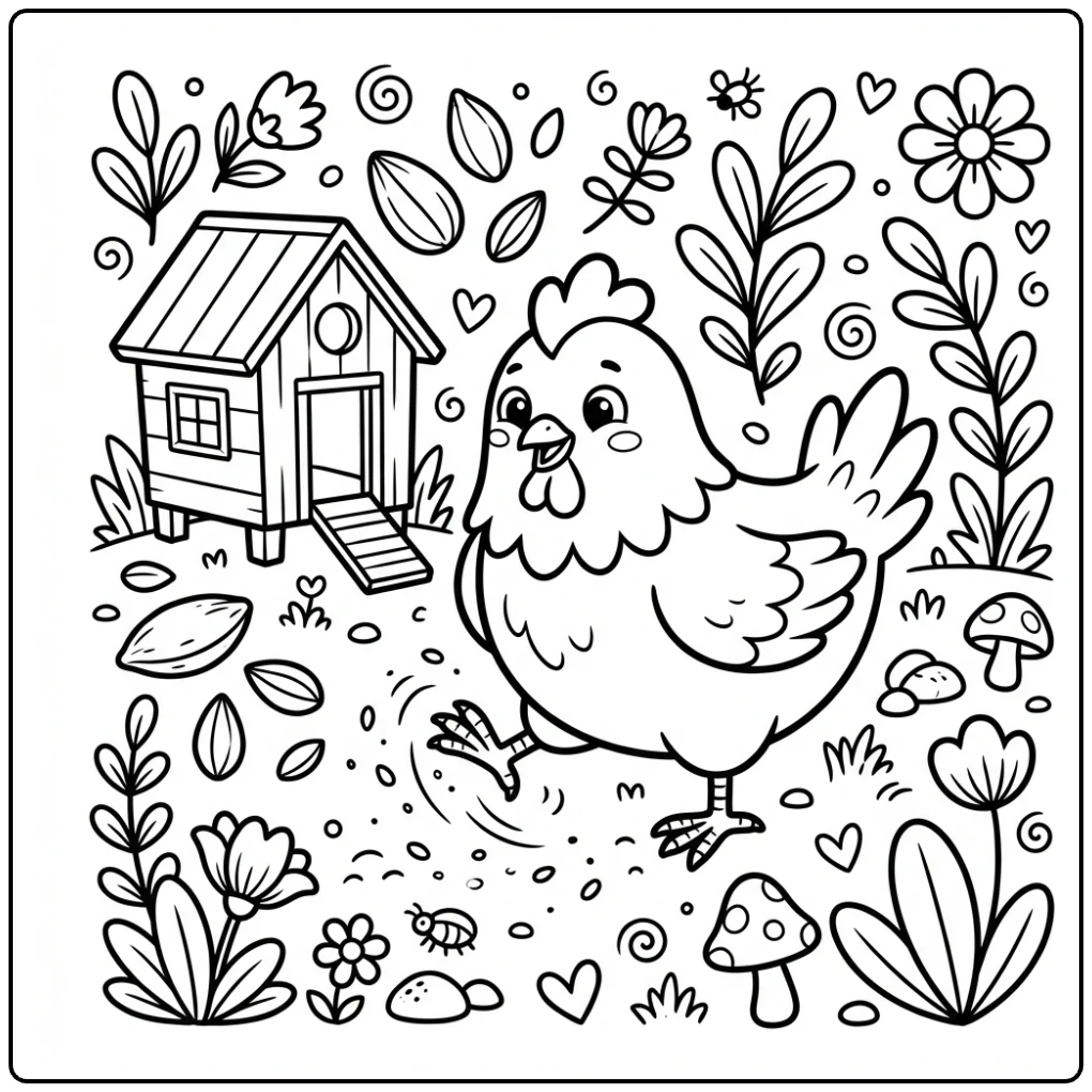 Cute cartoon Chicken coloring page scratching the ground.