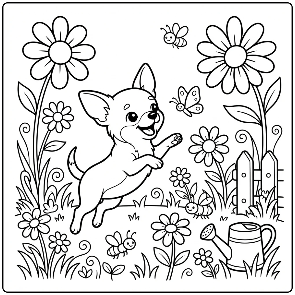Printable Chihuahua coloring page with butterfly garden.