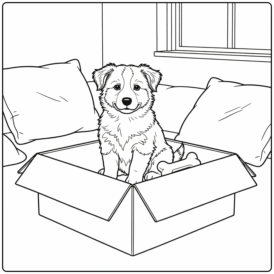 Fluffy puppy in box fort, cute border collie coloring page.