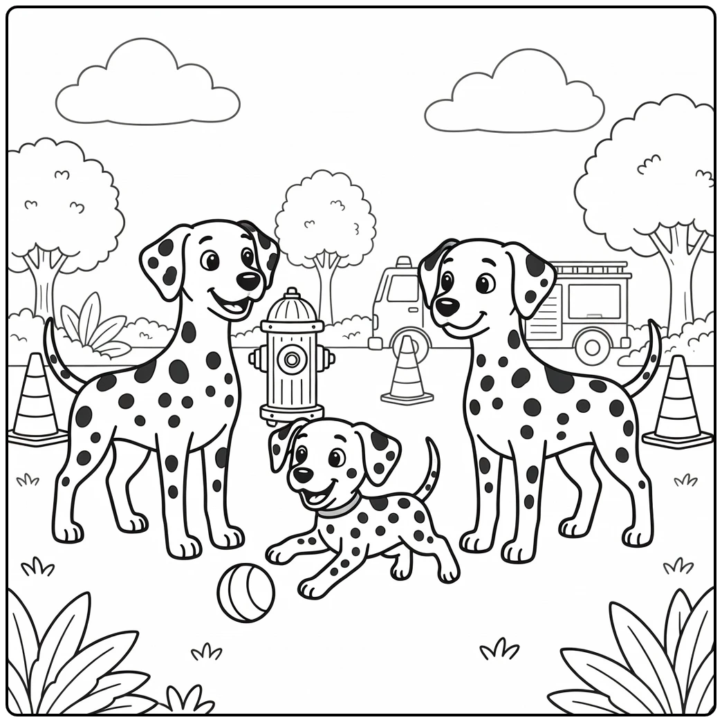 A cute Dalmatian dog family coloring page at a fire station.