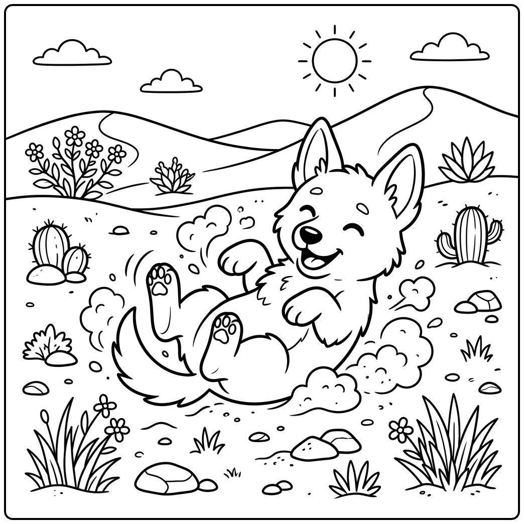 Cute happy dingo pup rolling in sand - Dingo coloring page for kids.