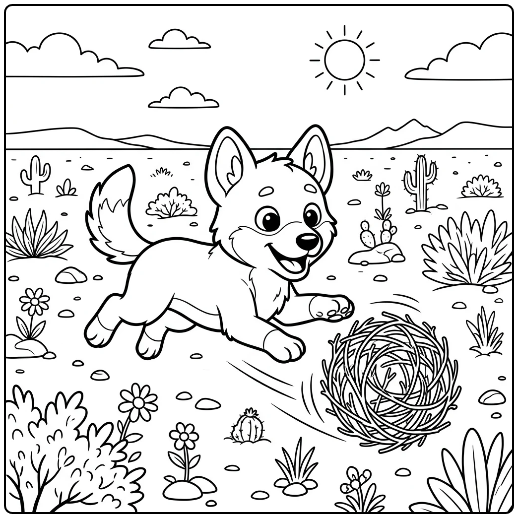 Happy dingo pup adventure on a desert Dingo coloring page.