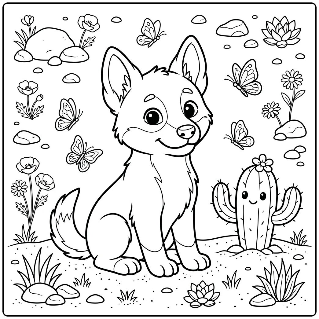 Dingo coloring page with a cute puppy, cactus, and butterflies.