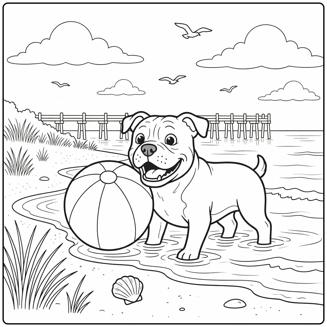 A happy American Bulldog coloring page with a dog at the beach.