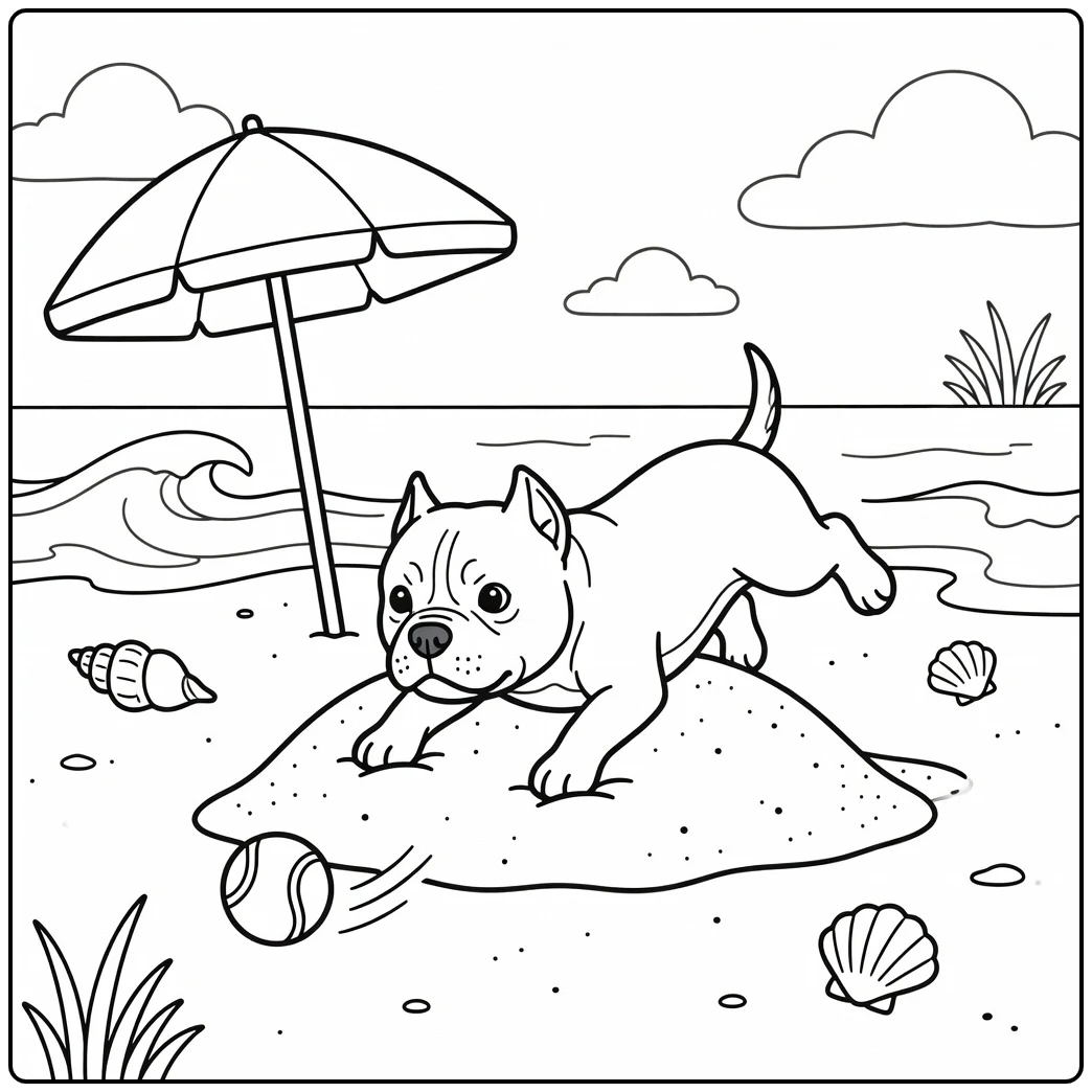 A funny american bully coloring page with a dog on the beach.