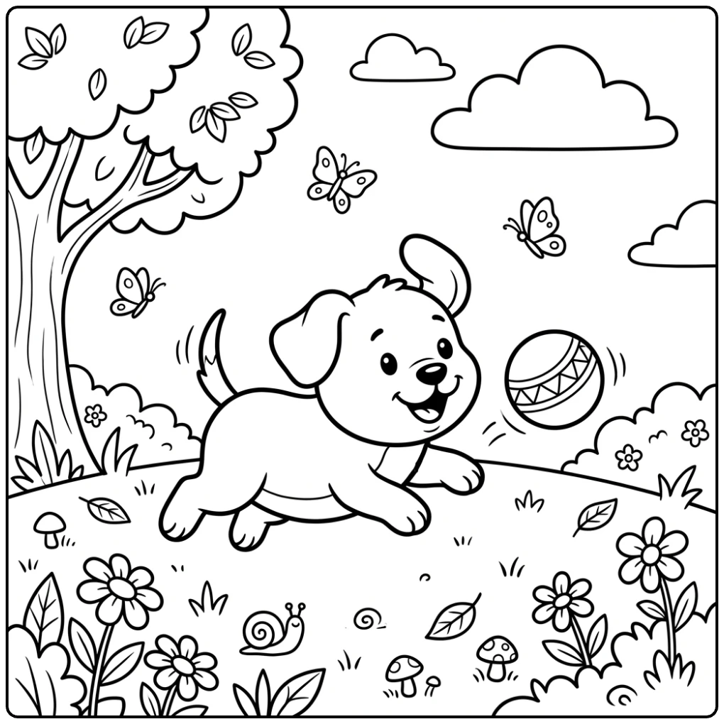 Cute Dog coloring page with a puppy chasing a ball in park.