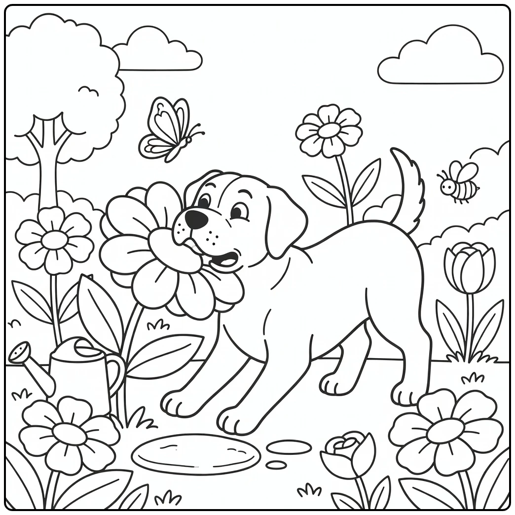 A funny mastiff coloring page with a dog's nose in a flower.