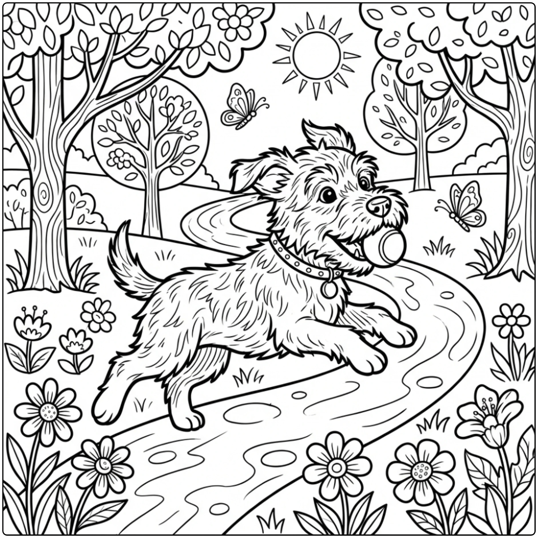 Animal coloring page of a playful dog running in a park.