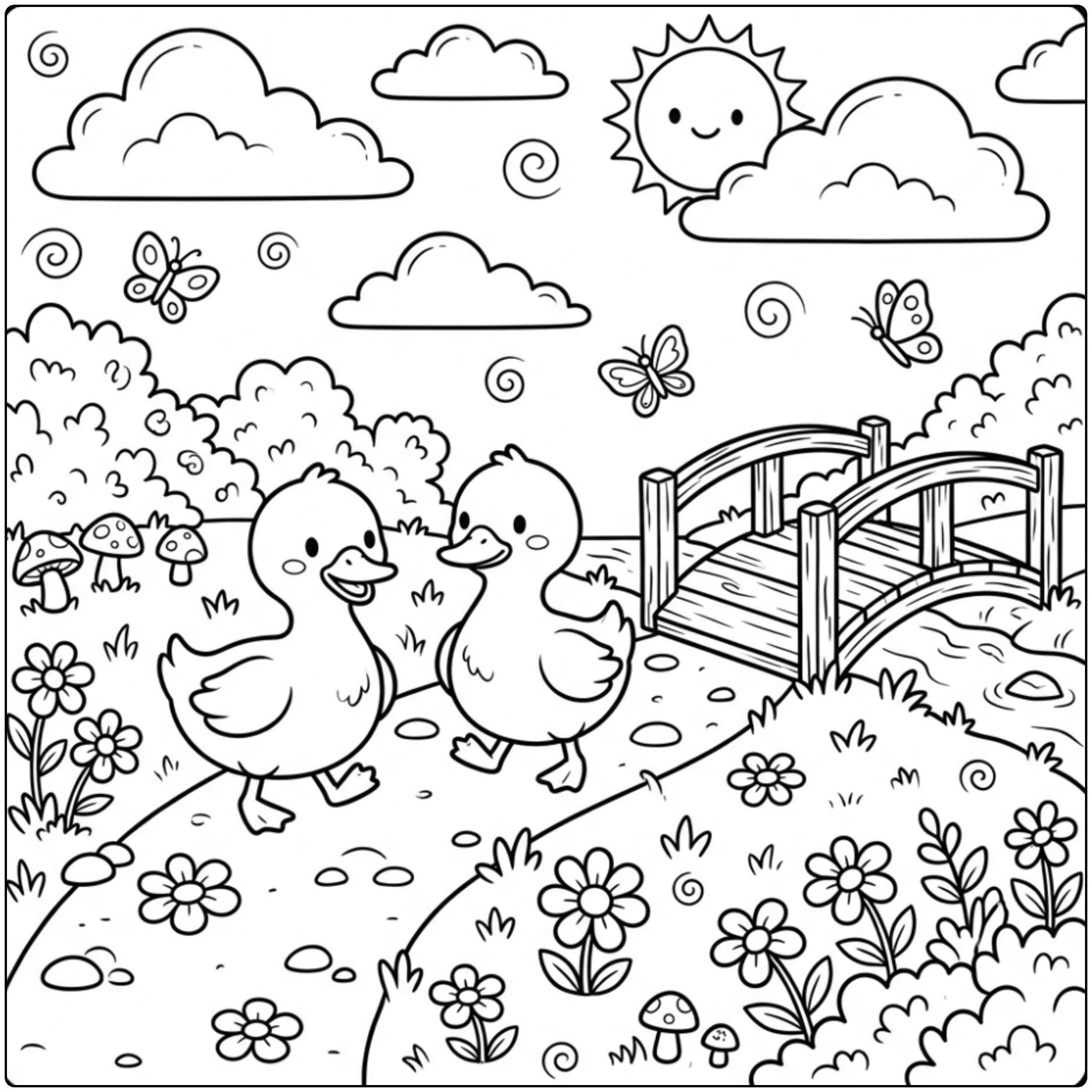 Cute Duck coloring page featuring ducks near a bridge.