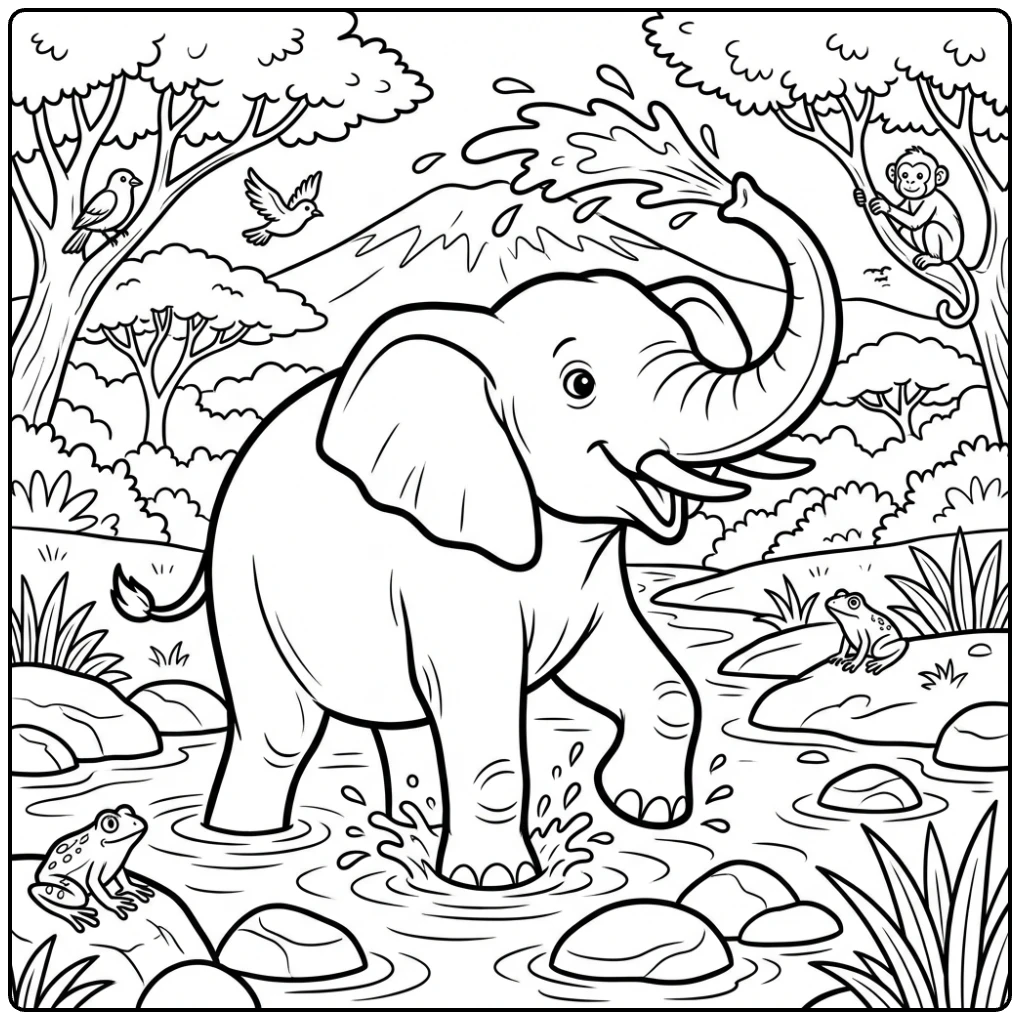 Animal coloring page of a playful elephant spraying water