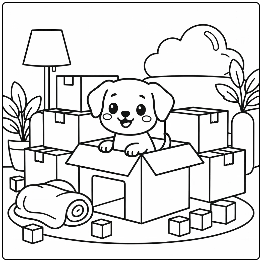 A cute chibi dog coloring page featuring a pup in a box fort.