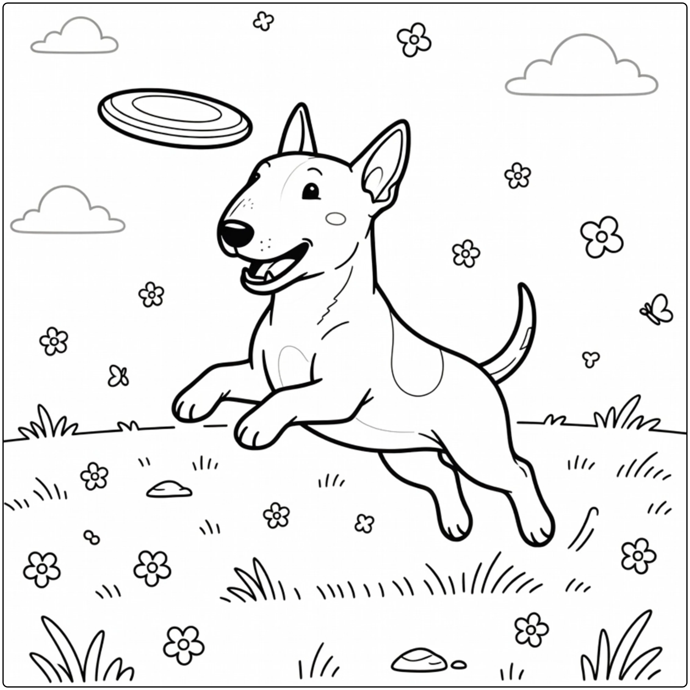 Fun Bull Terrier coloring page with dog catching a frisbee.