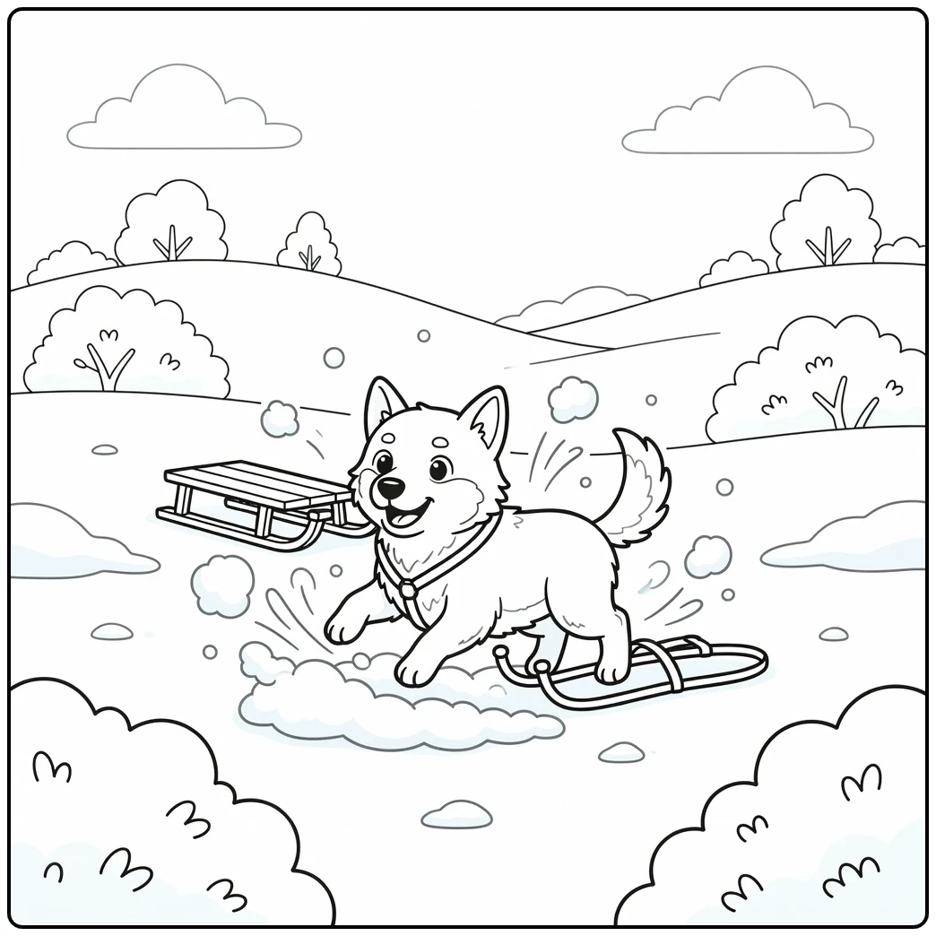 A happy cartoon sled dog coloring page showing a dog shaking snow.