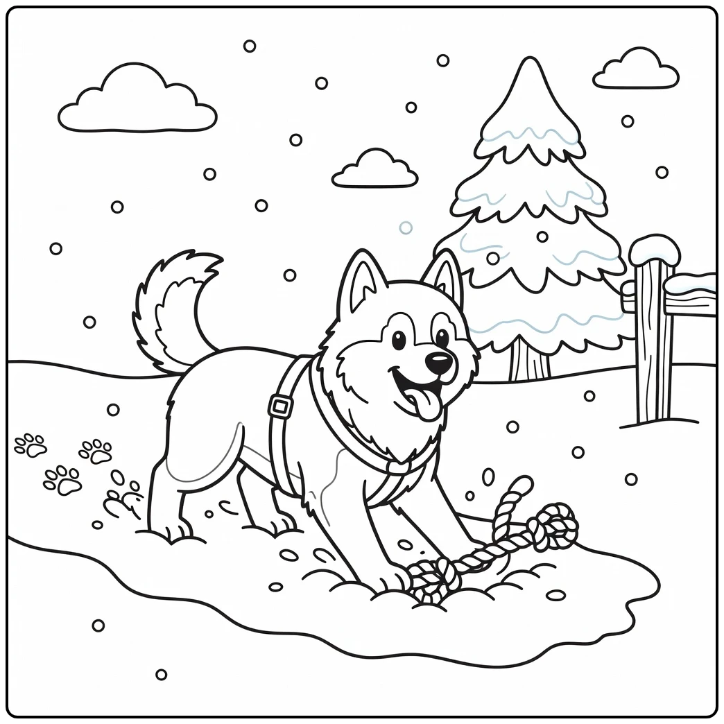 An energetic husky on a sled dog coloring page digging in snow.
