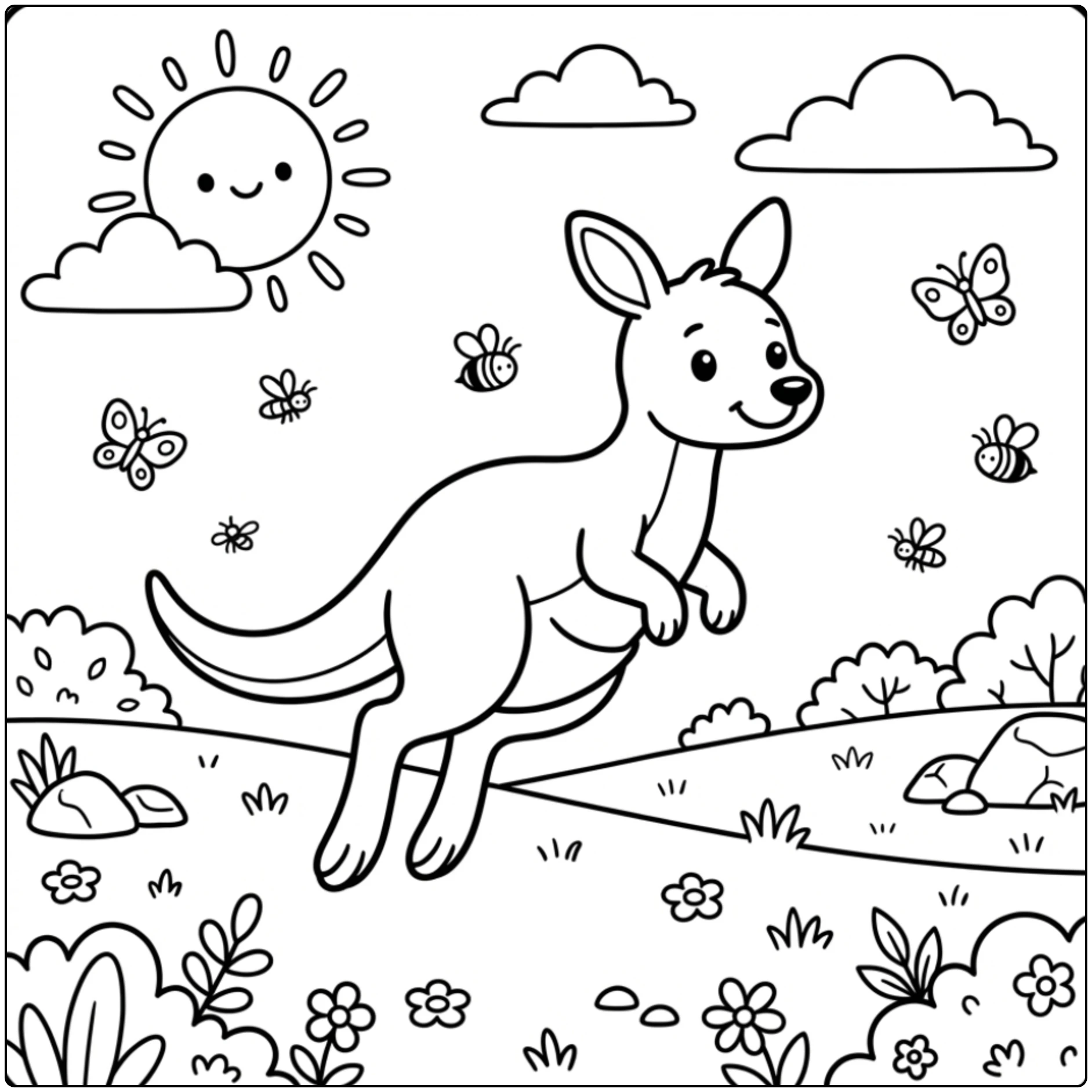A cheerful kangaroo leaps across the plains in this Land Animal coloring page.