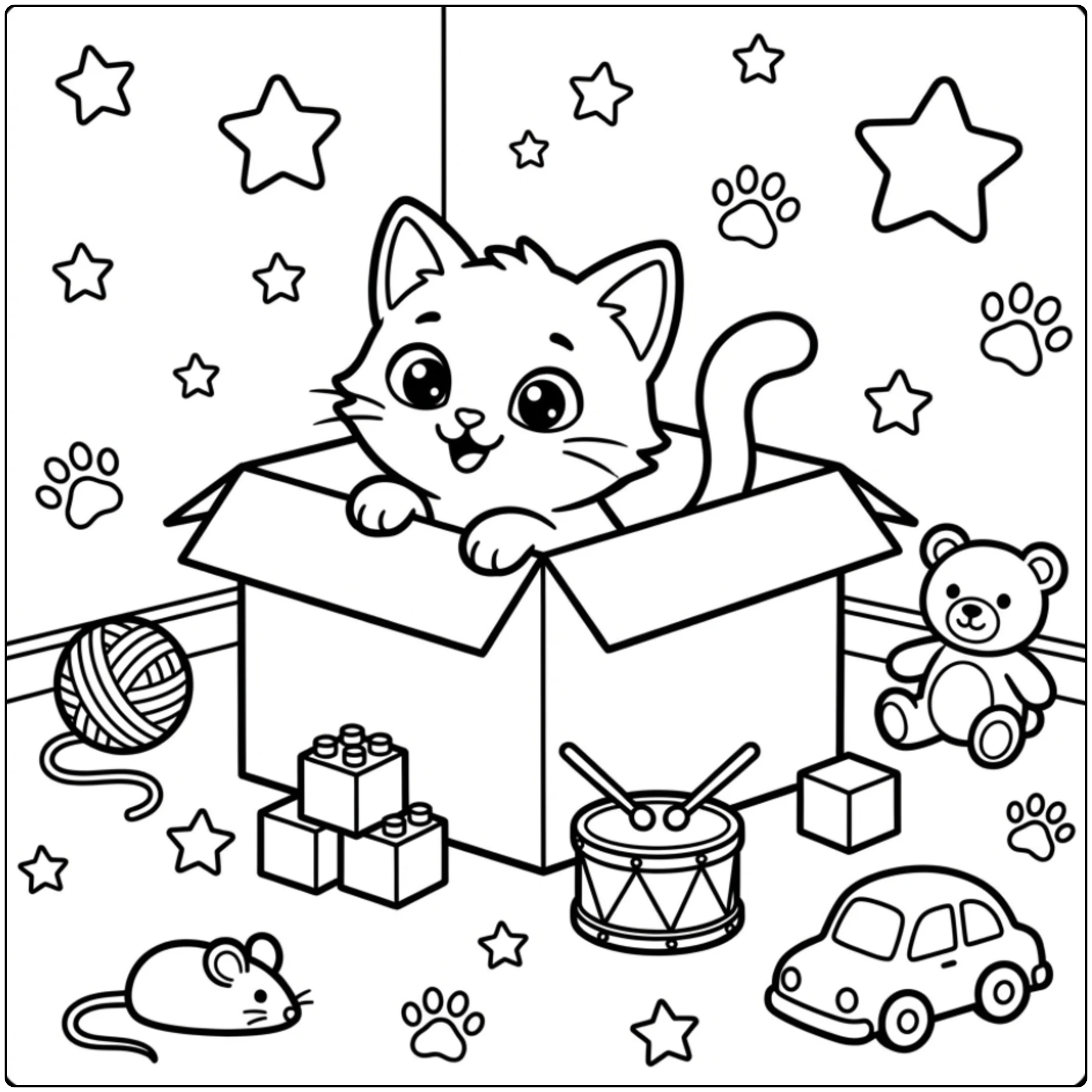 Cute kitten in a box Cat coloring page with toys