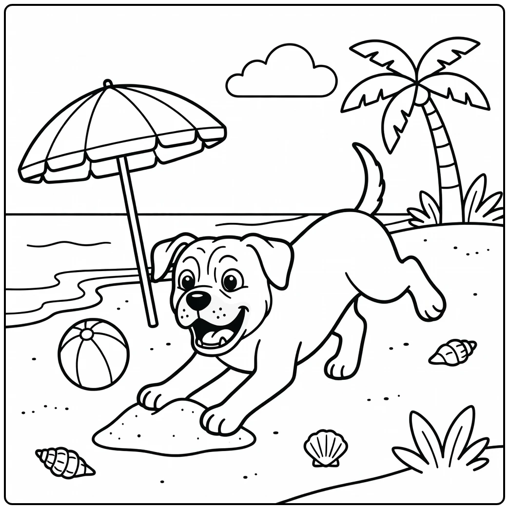 A funny mastiff coloring page with a dog's face in the sand.