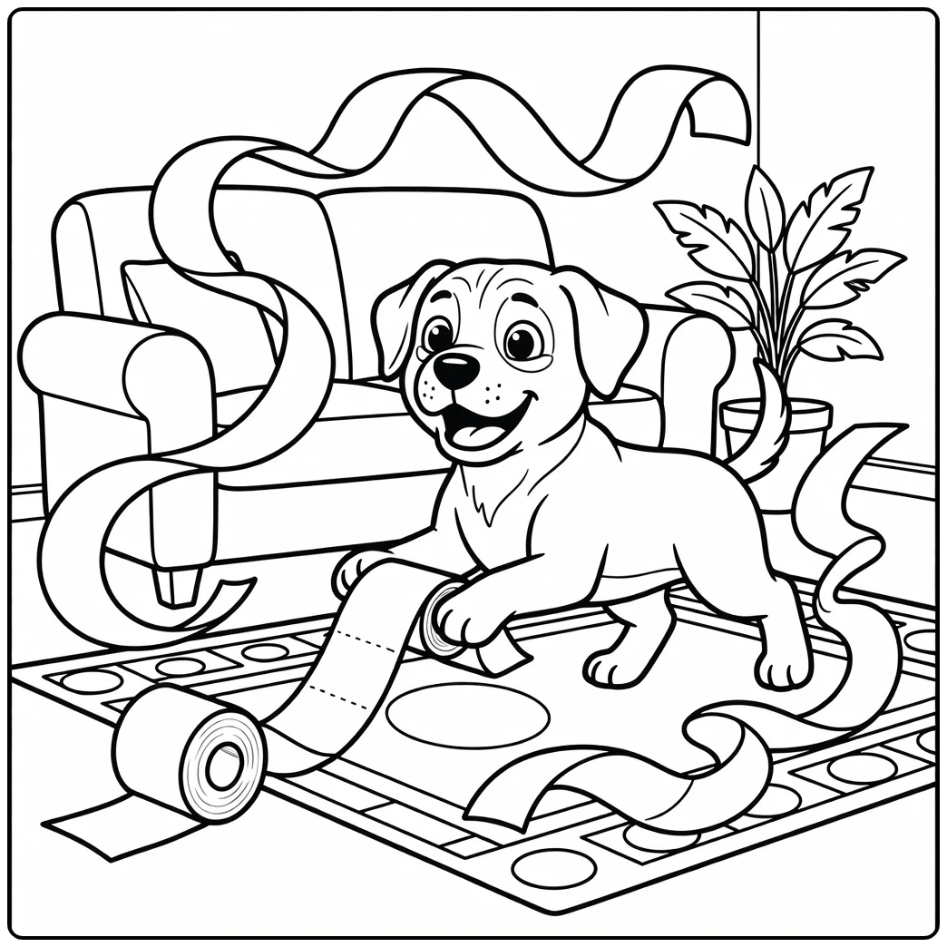 A cute cartoon mastiff coloring page with toilet paper fun.