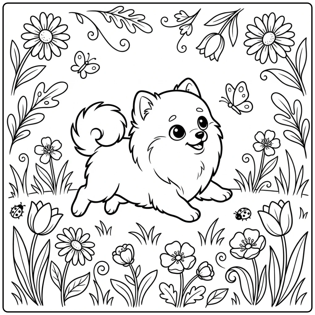 Cute Pomeranian Puppy coloring page chasing a butterfly.