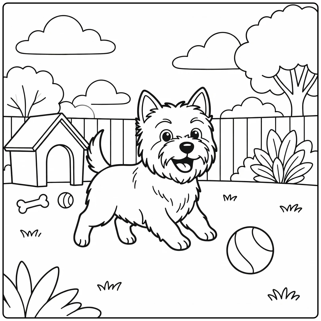 A happy dog chasing a ball on a cairn terrier coloring page.