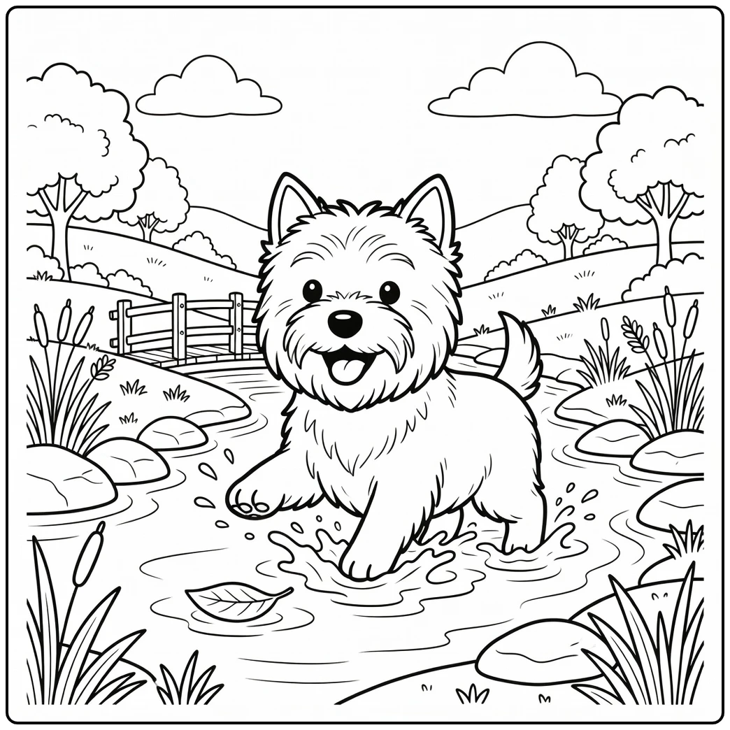 Happy dog splashing in a creek on a cairn terrier coloring page.