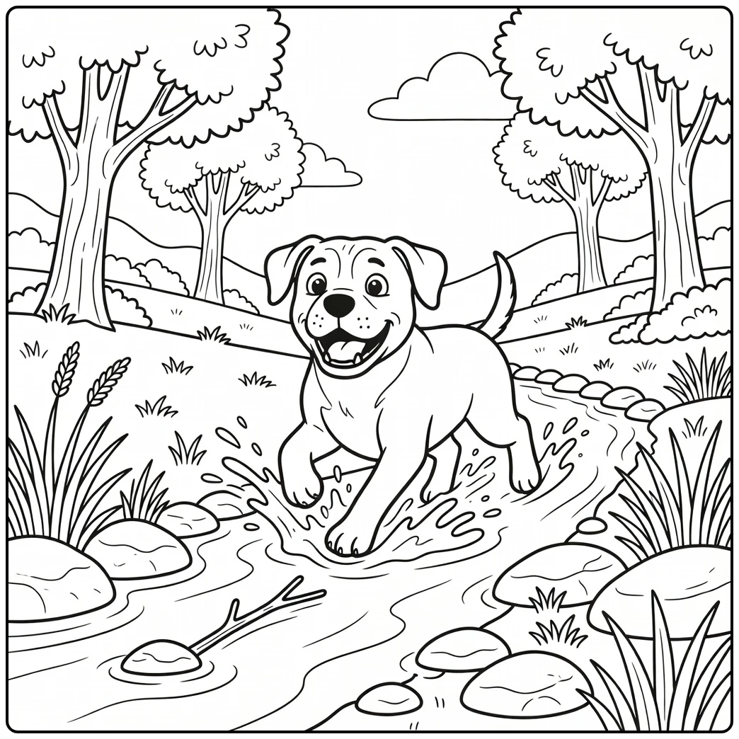 A happy dog splashes in a stream on this bullmastiff coloring page.