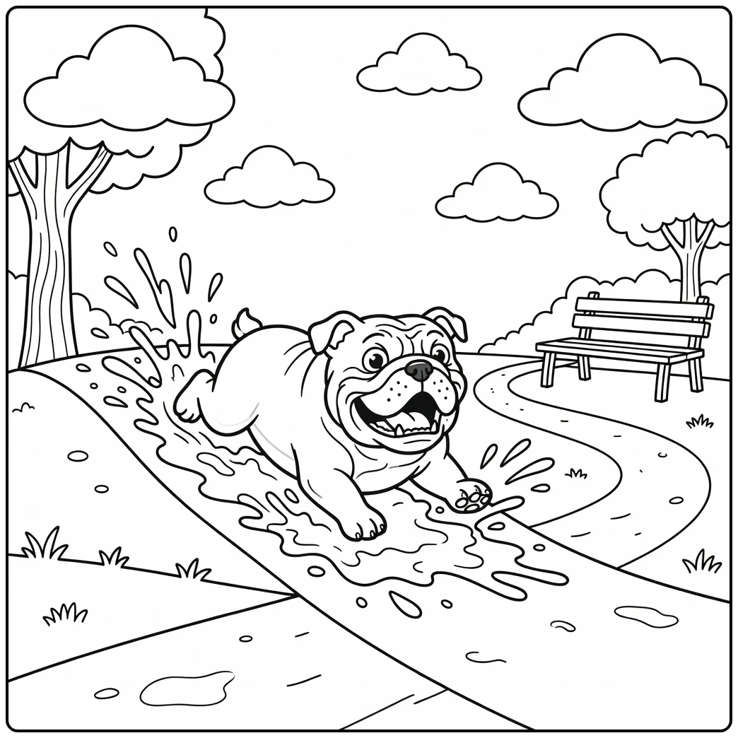 A joyful pup on a muddy slide english bulldog coloring page.